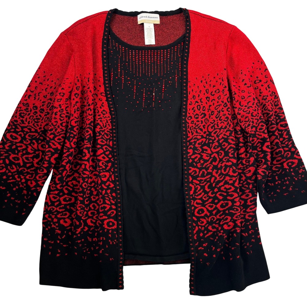 Alfred Dunner Womens Red & Black Cheetah Pattern Sequin Sweater Animal Print 623